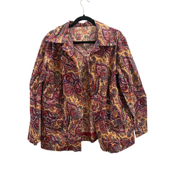 none Jackets & Blazers - Vintage Paisley Blazer Burgundy Yellow Open Front Long Sleeve Pockets M